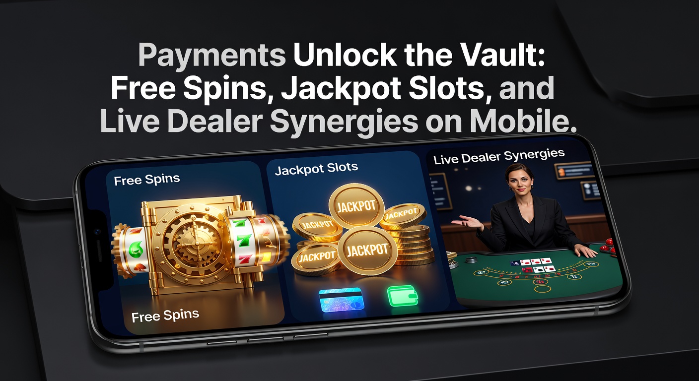 Leuchtendes Jackpot-Rad auf Mobile-Display, umgeben von Zahlungicons und Live-Dealer-Karten, die Synergien visualisieren