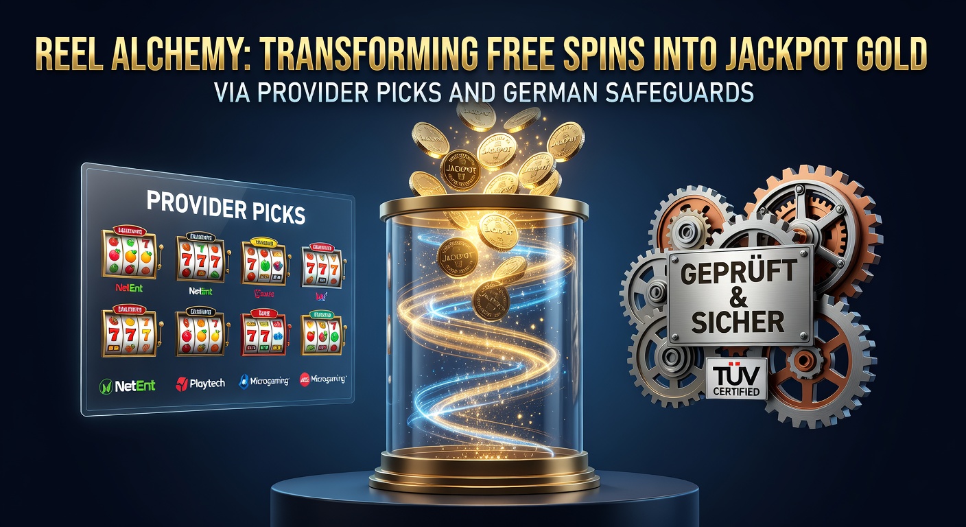 Leuchtende Slot-Rollen mit goldenen Münzen und Free-Spin-Symbolen, die in einen Jackpot übergehen, umgeben von deutschen Sicherheitsikonen wie Schloss und EU-Flagge