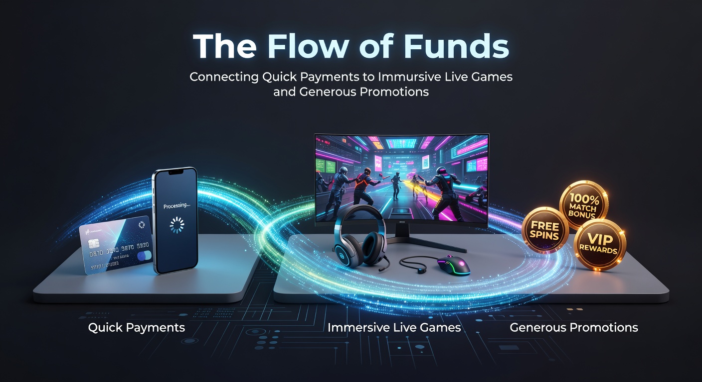 Grafik, die den reibungslosen Fluss von Zahlungen zu Live-Spielen und Boni in Online-Plattformen darstellt, mit Pfeilen für Ein- und Auszahlungen sowie Icons für Echtzeit-Transaktionen