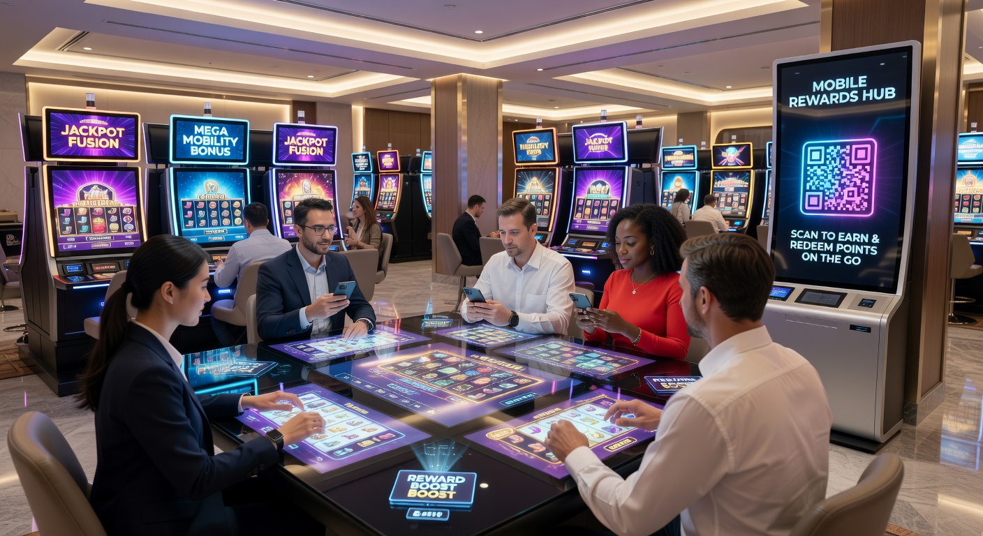 Mobile Geräte zeigen Slot-Spiele mit integrierten Belohnungssystemen und interaktiven Tischoberflächen in modernen Casinos